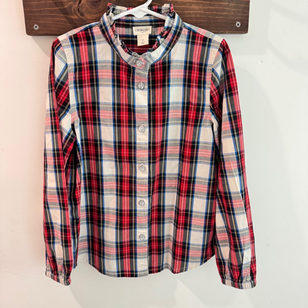 Crewcuts Girls Red Plaid Ruffle Collar Rhinestone Button Shirt Size 8 BU399